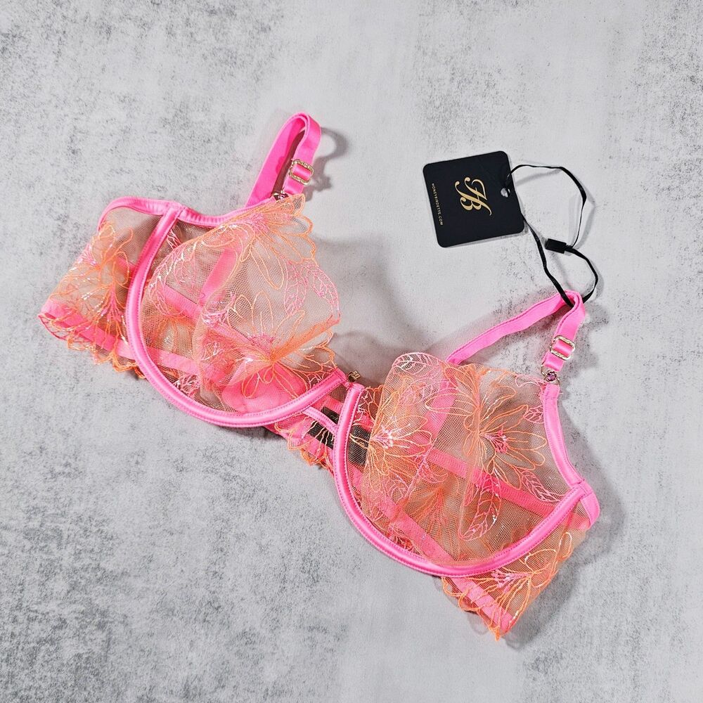 Honey Birdette Lily Neon Pink & Orange Underwire Embroidered Floral Bra Size 38D